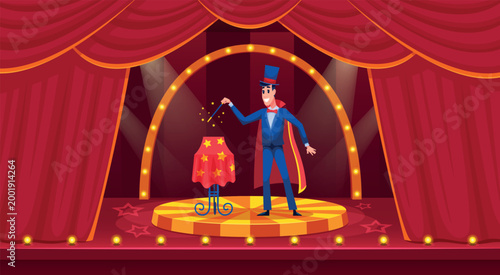 Magician on stage. Wizard magic trick circus show performance at arena inside tent fair dome, amusement conjurer cartoon illusionist background, qualitative vector illustration