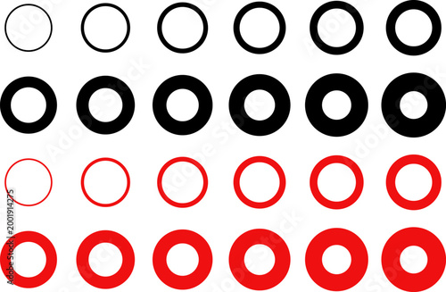 色々な線の太さの丸のイラスト（黒と赤）