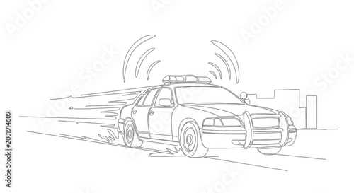 Police Car Speeding Down City Street.