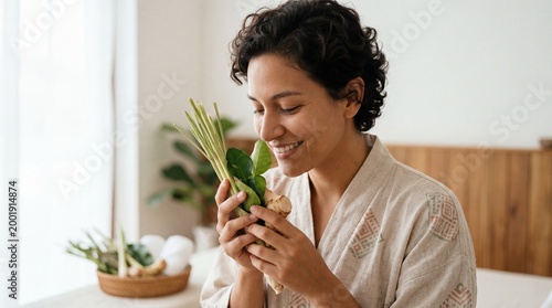A relaxed woman enjoys the refreshing aroma of green herbs while taking a break, embodying serenity and well-being.