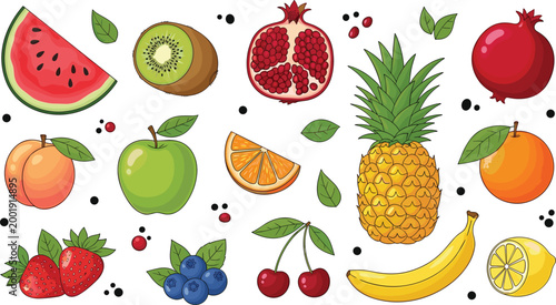 Colorful Fresh Fruit Collection Vector Illustration with Watermelon Kiwi Pineapple Banana Apple Orange Strawberry Cherry and Blueberry Elements Isolated on White Background