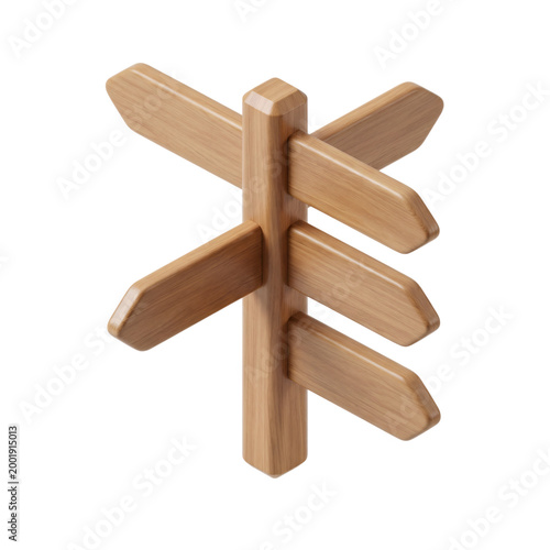 Wooden signpost with multiple directional arrows pointing in different directions isolated on transparent background