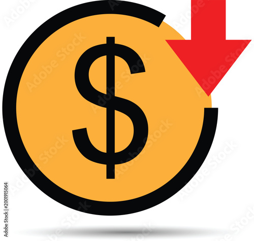 Dollar Coin With Red Down Arrow Symbolizing Falling Price, Decrease In Value And Financial Loss