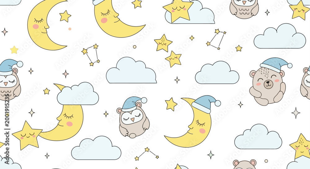 Obraz premium cute night sky pattern with moons stars clouds and animals