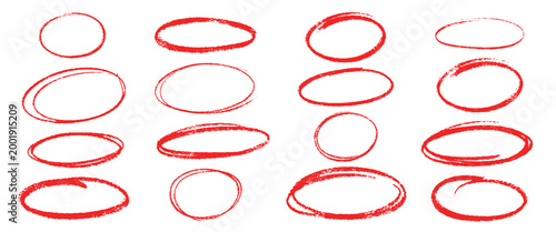 Crayon ovals. Hand drawn red oval, circle underline ellipse highlight round shape doodle pen scribble sketch brush line stroke pencil chalk marker qualitative vector illustration