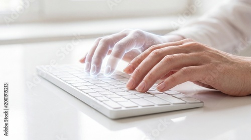A pair of hands fluently types on a sleek computer keyboard. Capturing the essence of connection and communication. 