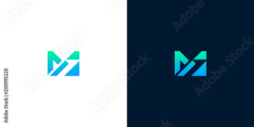 Modern abstract letter M logo design with a gradient of blue and green, perfect for technology, digital, or business branding