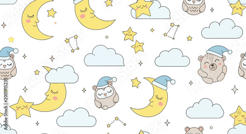 cute night sky pattern with moons stars clouds and animals