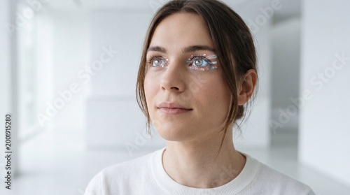Free Download A thoughtful woman with enigmatic eyes contemplates the horizon in a minimalist setting, bathed in natural light. Capturing contemplation and introspection. - GFXLoad