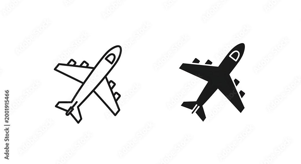 Fototapeta premium twin-engine passenger airplane and private jet icon set isolated on transparent background