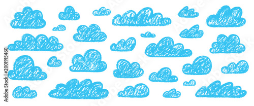 Crayon clouds. Hand drawn cloud sky, cloudy weather pastel texture kids chalk pencil brush stroke doodle cute children drawing summer cloudy element qualitative vector illustration