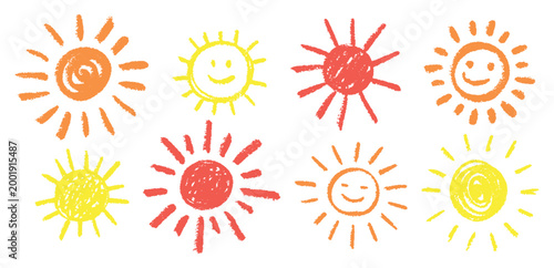 Crayon suns. Doodle sun, hand drawn child scribble yellow sketch summer energy sunlight beams fun chalk pastel circle pencil texture weather element qualitative vector illustration