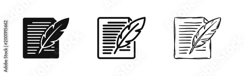 Ancient Writing Icons Set with Document Paper and Quill Pen