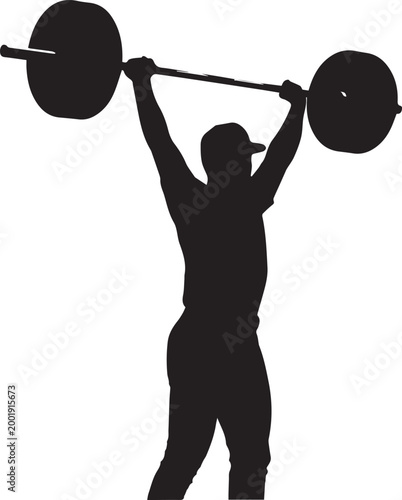 Photos Weightlifter silhouette lifting heavy barbell overhead, black vector athlete per