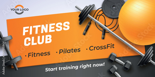 Realistic gym banner. Fitness club poster ad brochure template, workout training equipment bodybuilding exercise skipping rope dumbbell, sport design garish vector illustration