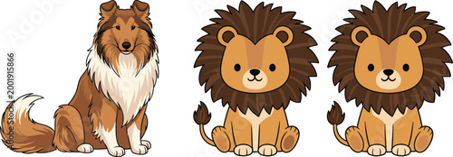 Cute Lion Cartoon Characters and Realistic Collie Dog Vector Illustration Set with Adorable Animal Mascots for Kids Design and Educational Use