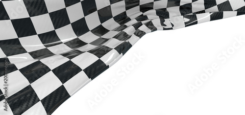 Dynamic image of a waving checkered racing flag symbolizing victory, speed, and competition against a clean white backdr