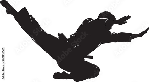Obraz na plátně Martial arts fighter silhouette performing flying kick, karate athlete in mid-ai