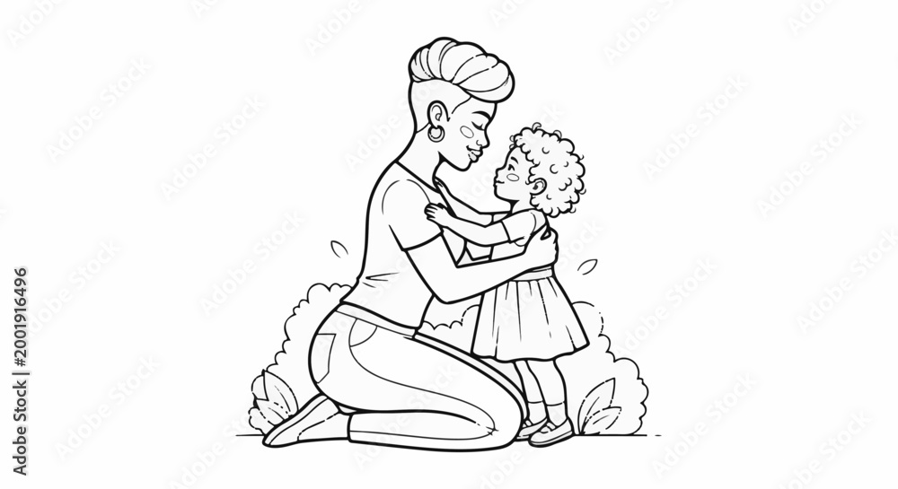 Obraz premium A mother kneels, embracing her daughter amidst foliage