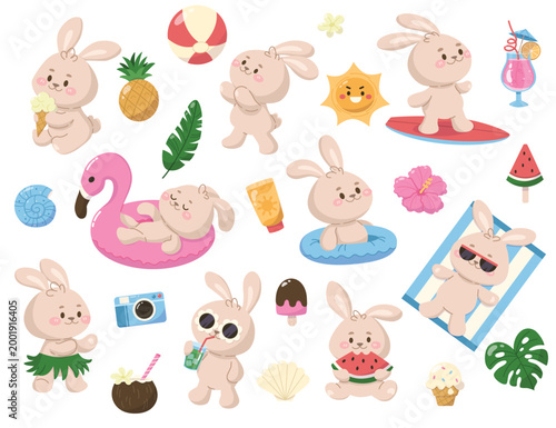 Set of hares and beach accessories. Happy rabbit characters resting and relaxing on summer vacation. Beach holiday with bunny characters