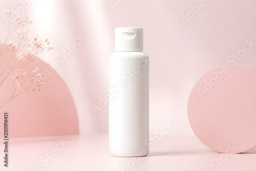 Minimalist white cosmetic bottle on pastel pink background