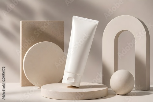 Minimalist skincare product display with geometric shapes and shadows