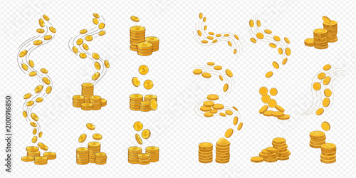 Set of falling golden coins and stacks on transparent background, representing finance, wealth, and success.