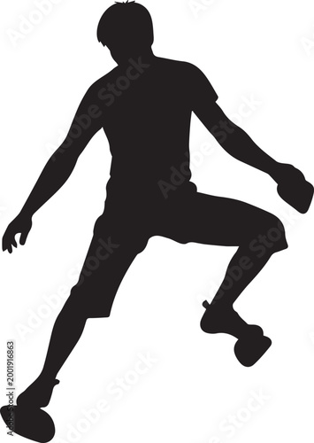 Athletic male silhouette jumping in mid-air, active man leaping in dynamic pose, black vector shadow of person in motion for sports and fitness design