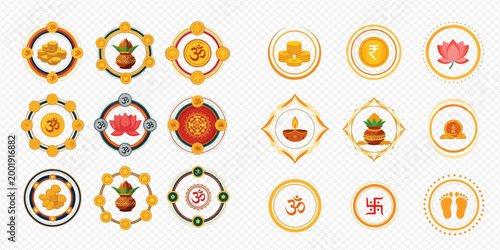 Set of traditional Indian religious and cultural symbols for festivals and auspicious occasions.