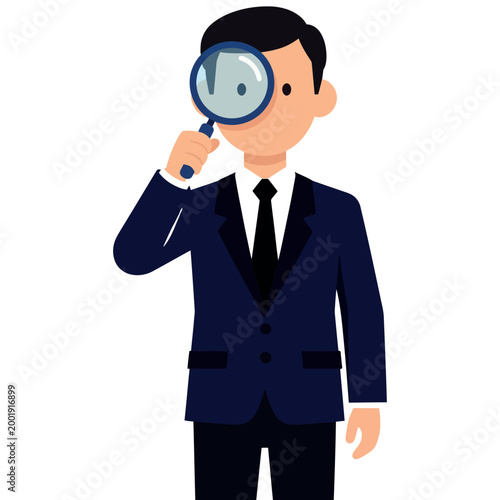 A businessman intently using a magnifying glass for detailed inspection