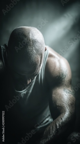 Muscular bald man deeply sweats from strenuous exertion during an intense workout. He looks down, focused in a dimly lit gym, showcasing his strong arm and a visible tattoo