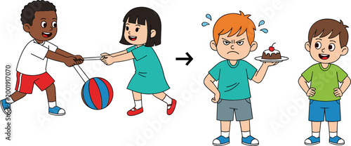 Kids conflict and resolution concept children fighting over toy then apologizing sharing and making peace friendship lesson cartoon vector illustration
