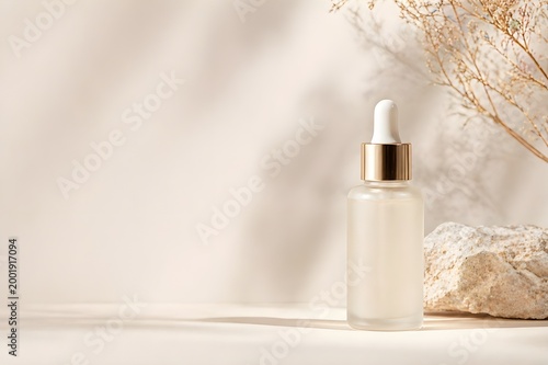 Minimalist skincare serum bottle with natural decor on beige background