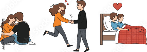 Romantic couple moments set loving man and woman hugging meeting holding hands and resting in bed relationship love vector illustration collection