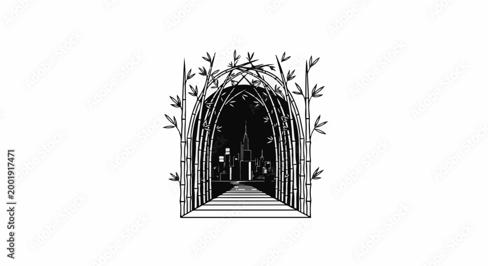 Fototapeta premium Stylized bamboo archway frames a silhouetted cityscape, path leads forward