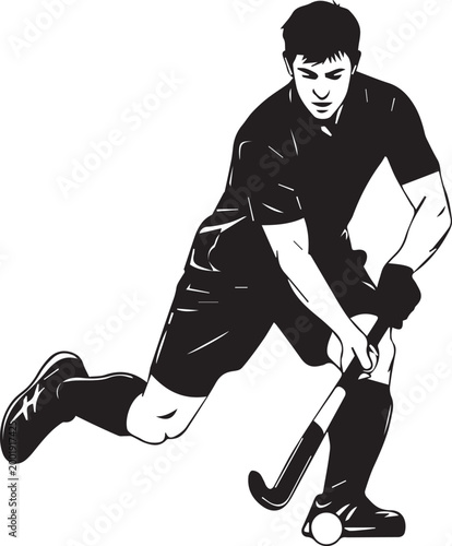 Field hockey player silhouette vector, professional athlete with stick and ball, black and white sports action graphic for team logos and posters