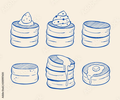 Line illustration collection of fluffy souffle japanese pancakes with different toppings. Vector clip art of sweet breakfast for cafe menu, logo, poster, web banner, or advertising.