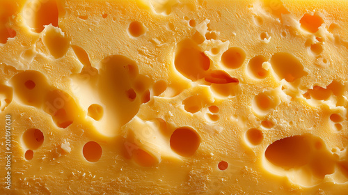 Macro of cheese texture with holes, yellow tones, detailed surface
