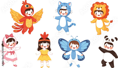 Cute kids in animal costumes set children dressed as lion panda cat butterfly bird and more playful cartoon vector illustration collection