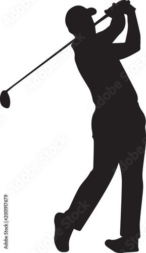 Professional golfer silhouette swinging club, male athlete playing golf vector illustration, black sport figure on white background