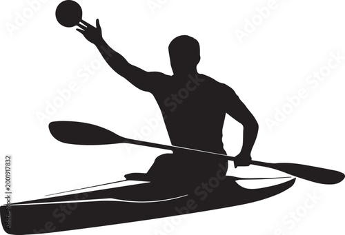 Canoe polo player silhouette, athlete in kayak throwing ball, competitive water sports vector illustration for team logo and tournament branding
