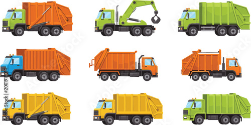 Garbage trucks collection different waste management vehicles including recycling truck refuse collector and crane loader colorful flat vector illustration set