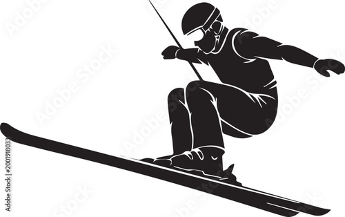 Skier silhouette vector illustration, professional alpine skiing athlete jumping, black and white winter sports action graphic for mountain resort branding