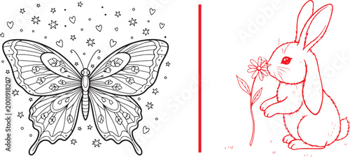 Coloring book page set with detailed butterfly and cute rabbit smelling a flower isolated on white background vector