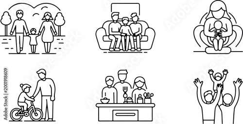 Happy Family Scene Silhouette Icon Collection Set