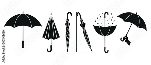 Umbrella icons set, black silhouettes collection for weather design, open and closed parasol shapes with rain drops, isolated vector illustrations for web and mobile interface, simple rainy season gra