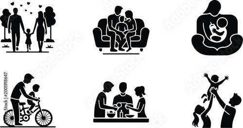 Happy Family Scene Silhouette Icon Collection Set