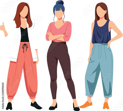 Modern stylish women standing in casual outfits fashionable female characters in trendy clothes confident poses flat vector illustration collection