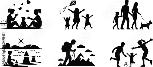 Happy Family Scene Silhouette Icon Collection Set