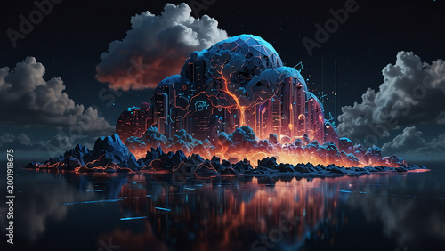 Futuristic bioluminescent city reflecting a night sky